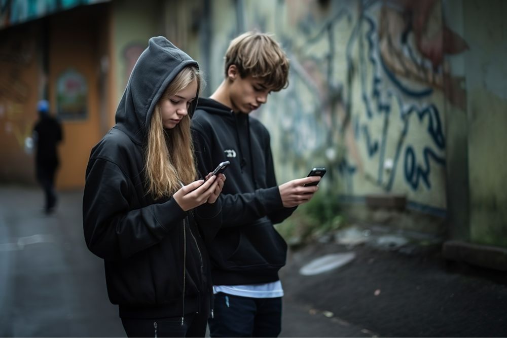 due adolescenti con il cellulare in mano, ignari dei pericoli del web, creano profili spam sui social